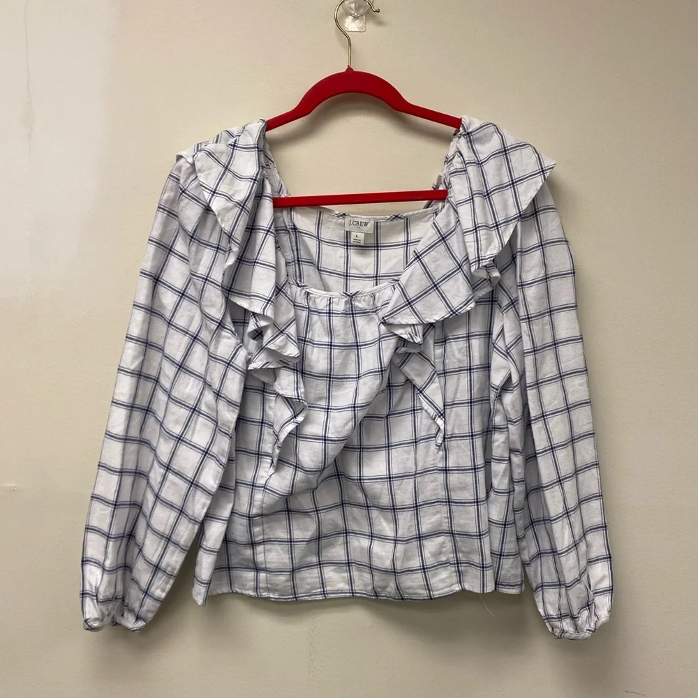 J.Crew Plaid Flannel Square Neck Ruffle Blouse size Large